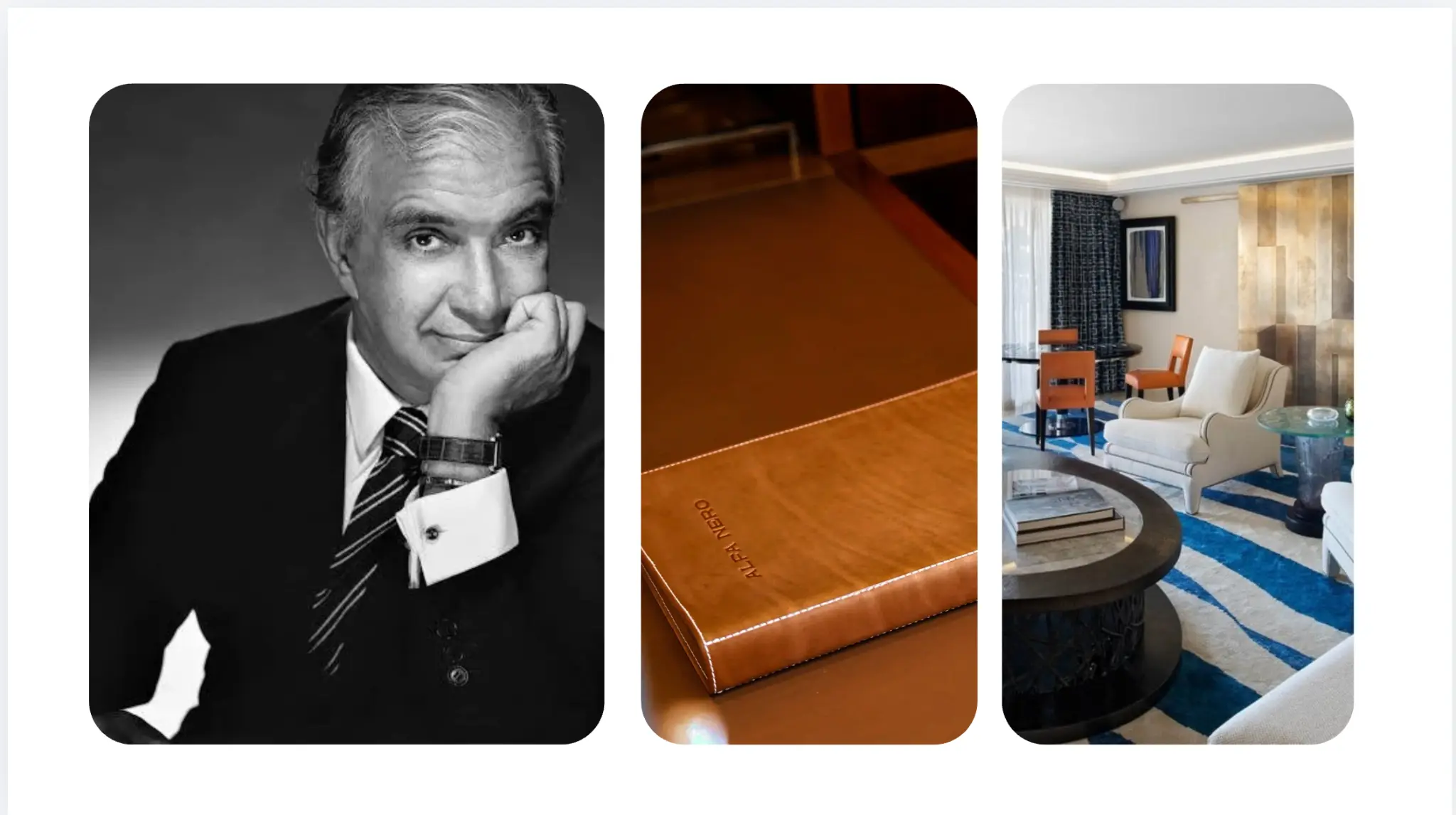 Alberto Pinto - Portrait, ALFA NERO leather detail, and interior lounge