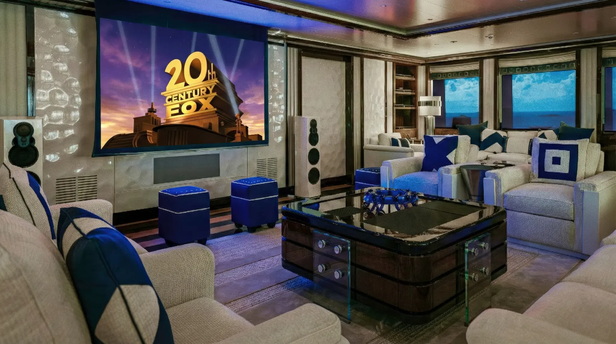 Cinema room with large screen and comfortable seating