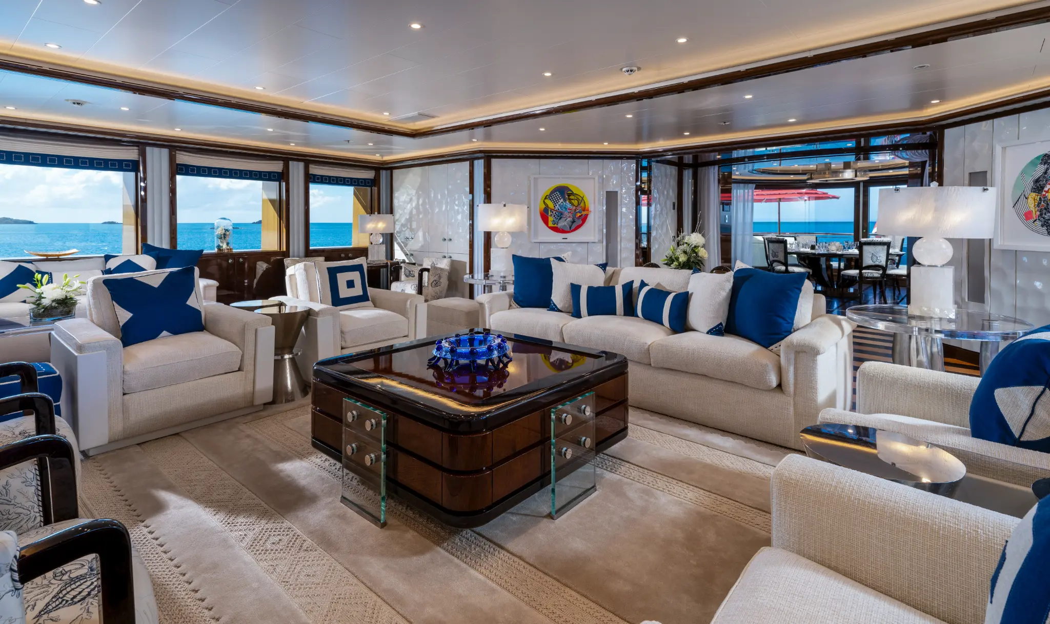 Sky Lounge with blue and white decor and panoramic ocean views