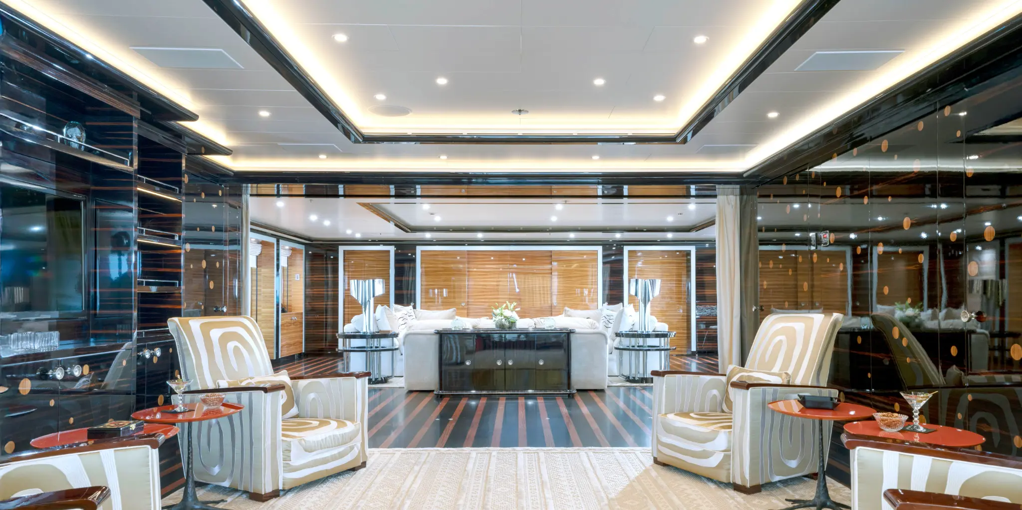 Main Lounge with Art Deco armchairs and bar area